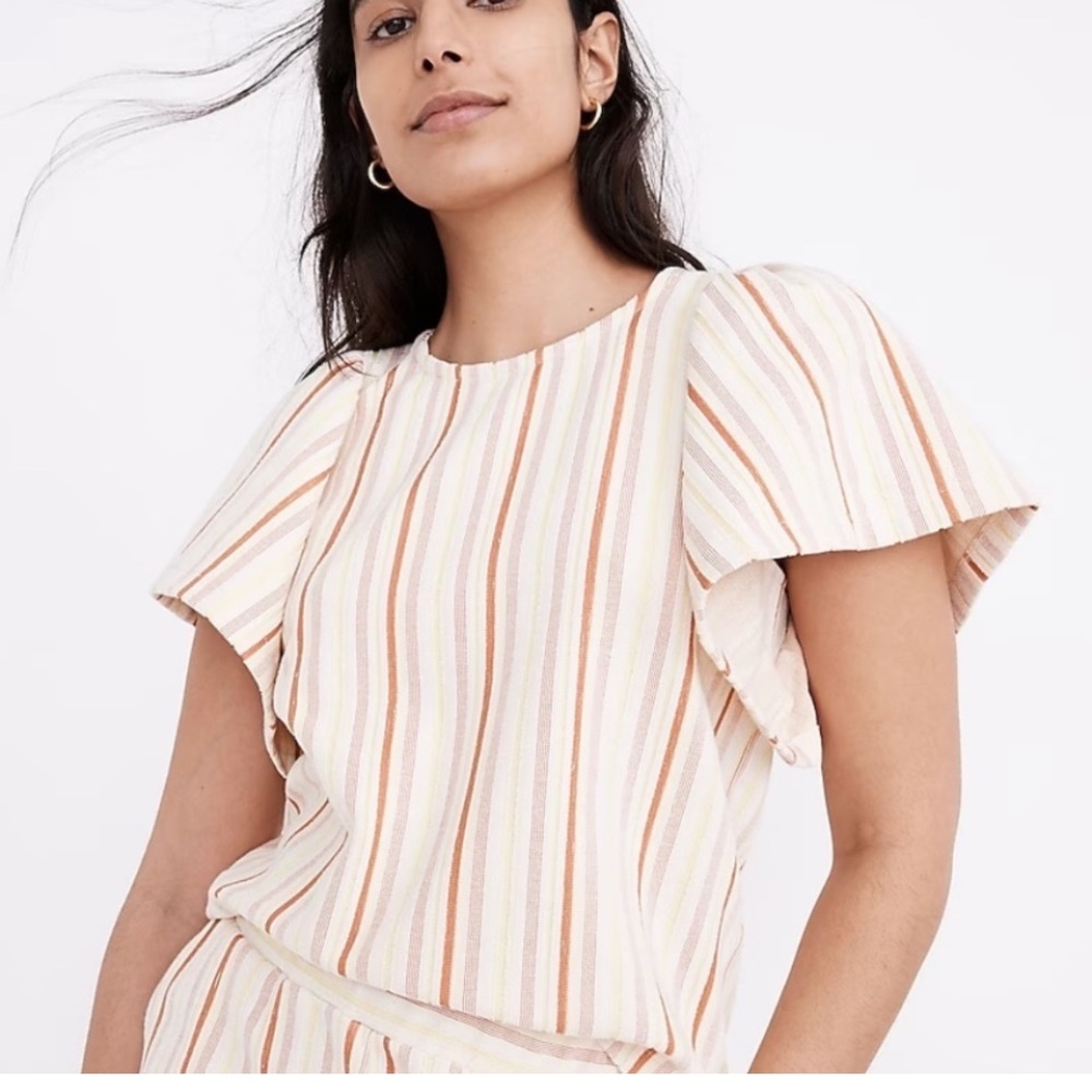 Madewell Striped Flutter Sleeve Blouse - Cream, Pink, Tan